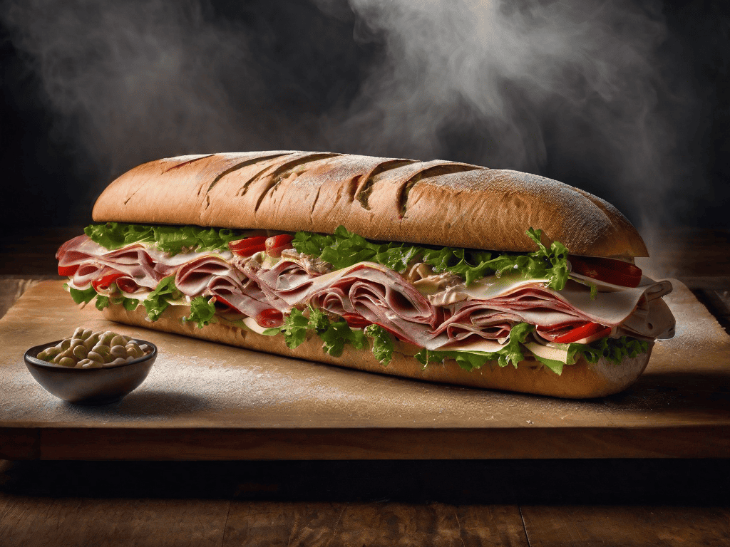 A steaming, long baguette sandwich filled with layers of sliced deli meats, lettuce, tomato, and cheese rests on a wooden board. Beside it sits a small bowl of creamy mustard. This tempting creation could be the next highlight from a top catering company in Long Island NY, perfect for any event backdrop.