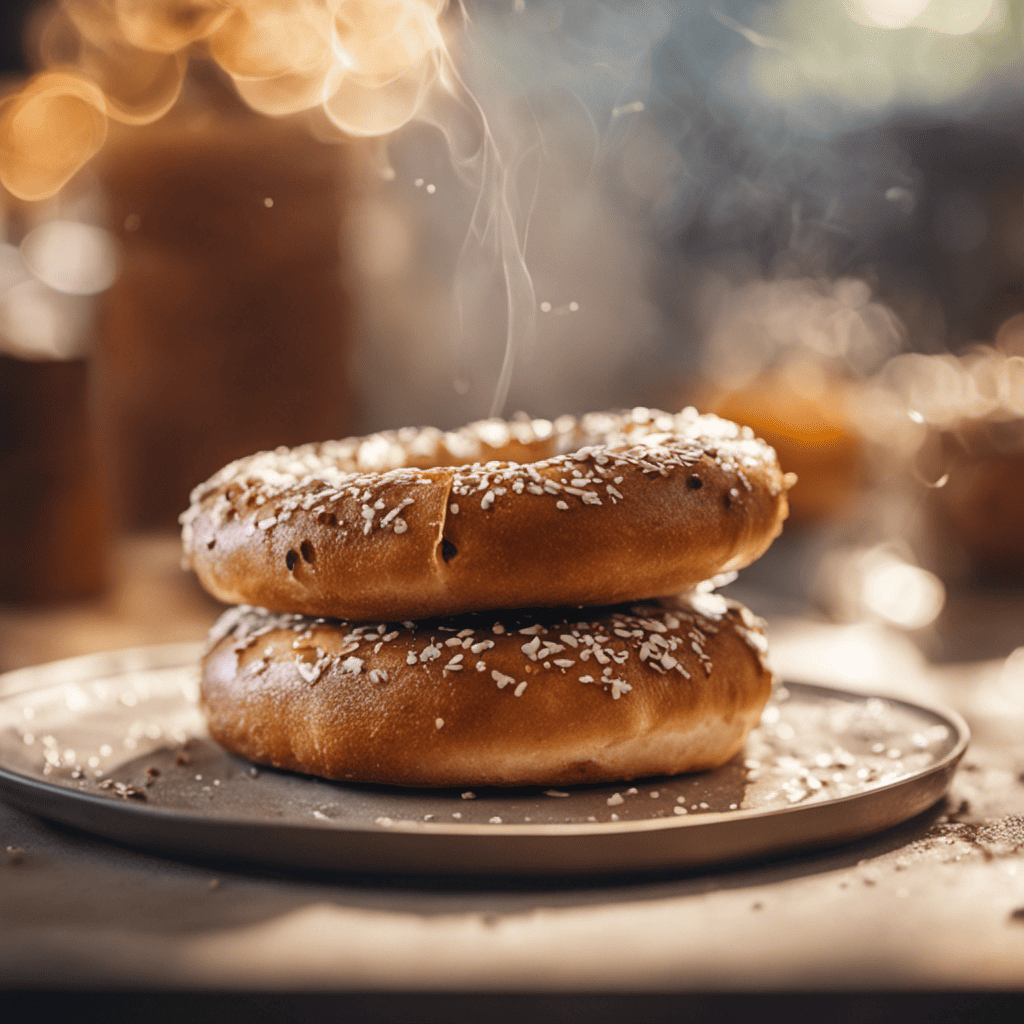 Two warm, golden-brown bagels stacked on a plate, sprinkled with sesame seeds. Steam rises gently, indicating freshness. The background is softly blurred with a warm glow, creating a cozy ambiance—perfect for any event catered by our premier catering company in Long Island NY.