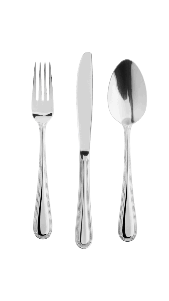 A set of silverware utensils, perfect for any catering services Long Island NY, including a fork, knife, and spoon with a simple, elegant design and reflective surface, arranged vertically on a plain white background.