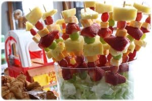 Assorted fruit skewers arranged with vibrant seasonal fruit at Brendel’s Bagels catering in Long Island, NY