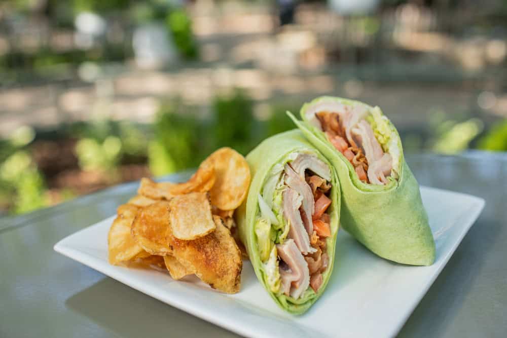 A spinach wrap filled with sliced turkey, lettuce, and tomato is cut in half and placed on a white plate alongside a serving of potato chips. The backdrop reveals an outdoor setting with greenery, perfect for showcasing catering services Long Island NY offers.